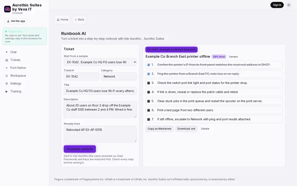 Aurothic Runbook AI with Example Co sample data