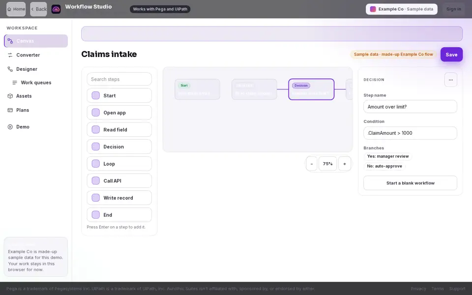 Aurothic Workflow Studio with Example Co sample data